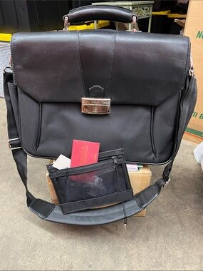 Bosca Black Leather & Nylon Messenger Bag with Silver Lock